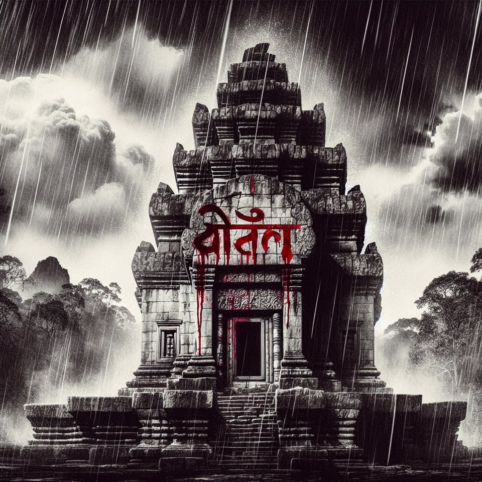 There is water season in the backgroundthere is a temple and आषाढ़ is written which is filled with little blood text effect image