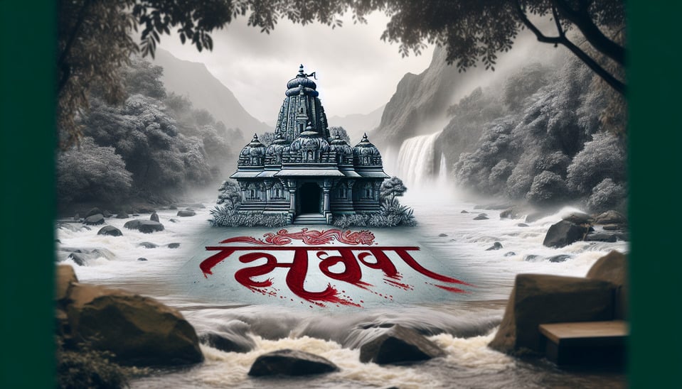 There is water season in the backgroundthere is a temple and आषाढ़ is written which is filled with little blood text effect image