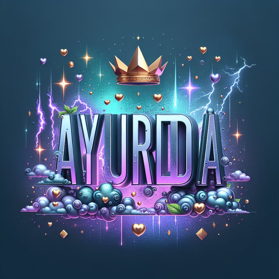 The name ayurveda with smoke lightning stars IN DIFFERENT SHADES OF BLUE and purple metalic and a golden crown,small hearts text effect image