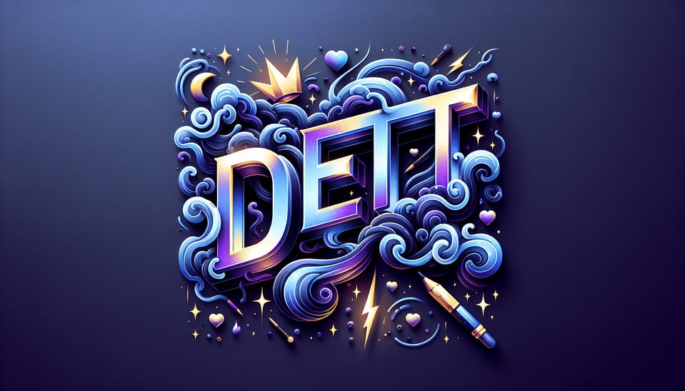 The name Detti with smoke lightning stars IN DIFFERENT SHADES OF BLUE and purple metalic and a golden crown,small hearts text effect image