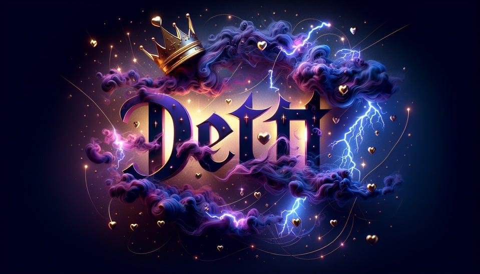 The name Detti with smoke lightning stars IN DIFFERENT SHADES OF BLUE and purple metalic and a golden crown,small hearts text effect image