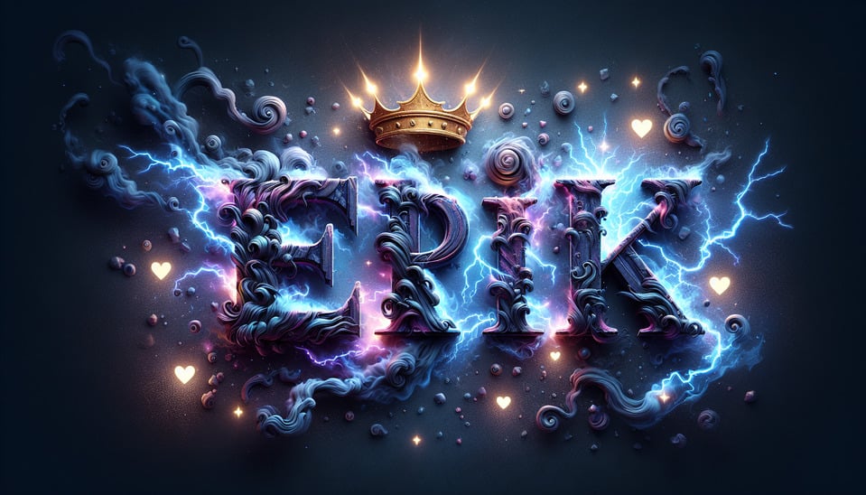The name Erik with smoke lightning stars IN DIFFERENT SHADES OF BLUE and purple metalic and a golden crown,small hearts text effect image