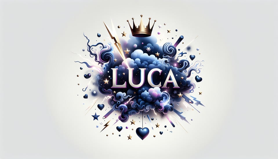 The name Luca with smoke lightning stars IN DIFFERENT SHADES OF BLUE and purple metalic and a golden crown,small hearts text effect image
