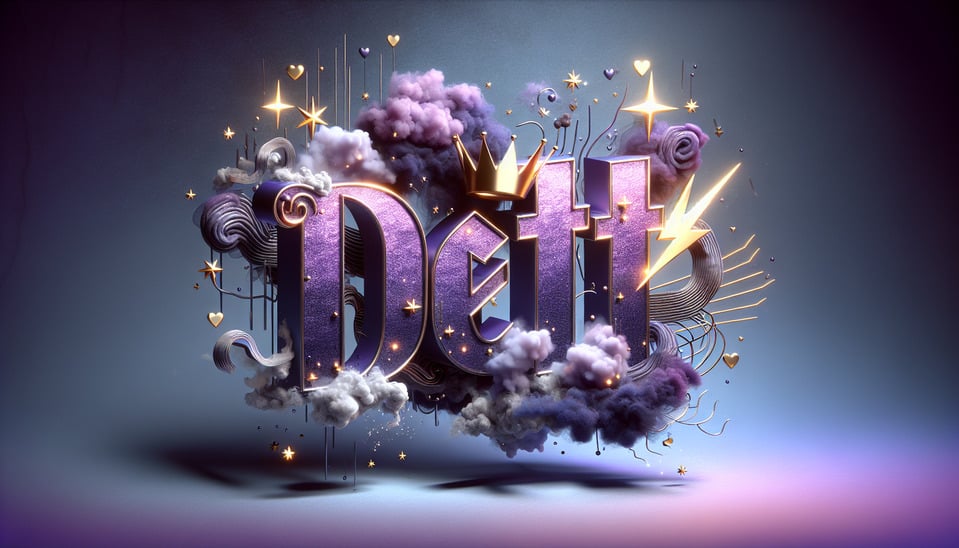 The name Detti with smoke lightning stars IN DIFFERENT SHADES OF BLUE and purple metalic and a golden crown,small hearts text effect image