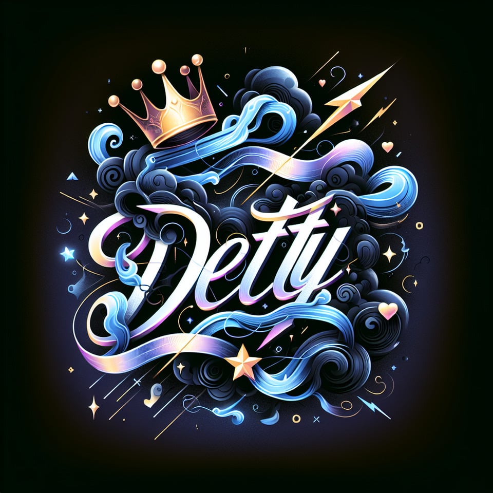 The name Detty with smoke lightning stars IN DIFFERENT SHADES OF BLUE and purple metalic and a golden crown,small hearts text effect image