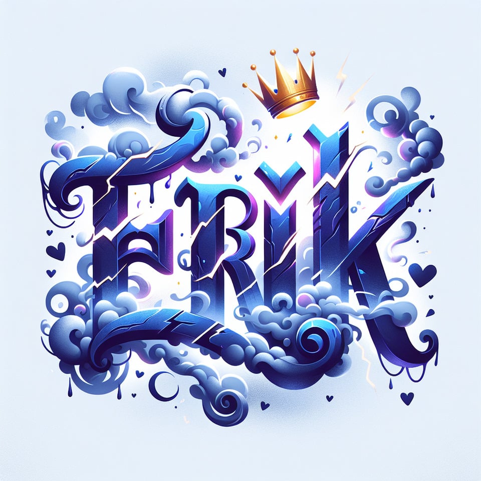 The name Erik with smoke lightning stars IN DIFFERENT SHADES OF BLUE and purple metalic and a golden crown,small hearts text effect image