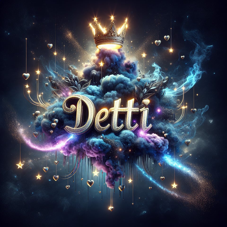 The name Detti with smoke lightning stars IN DIFFERENT SHADES OF BLUE and purple metalic and a golden crown,small hearts text effect image