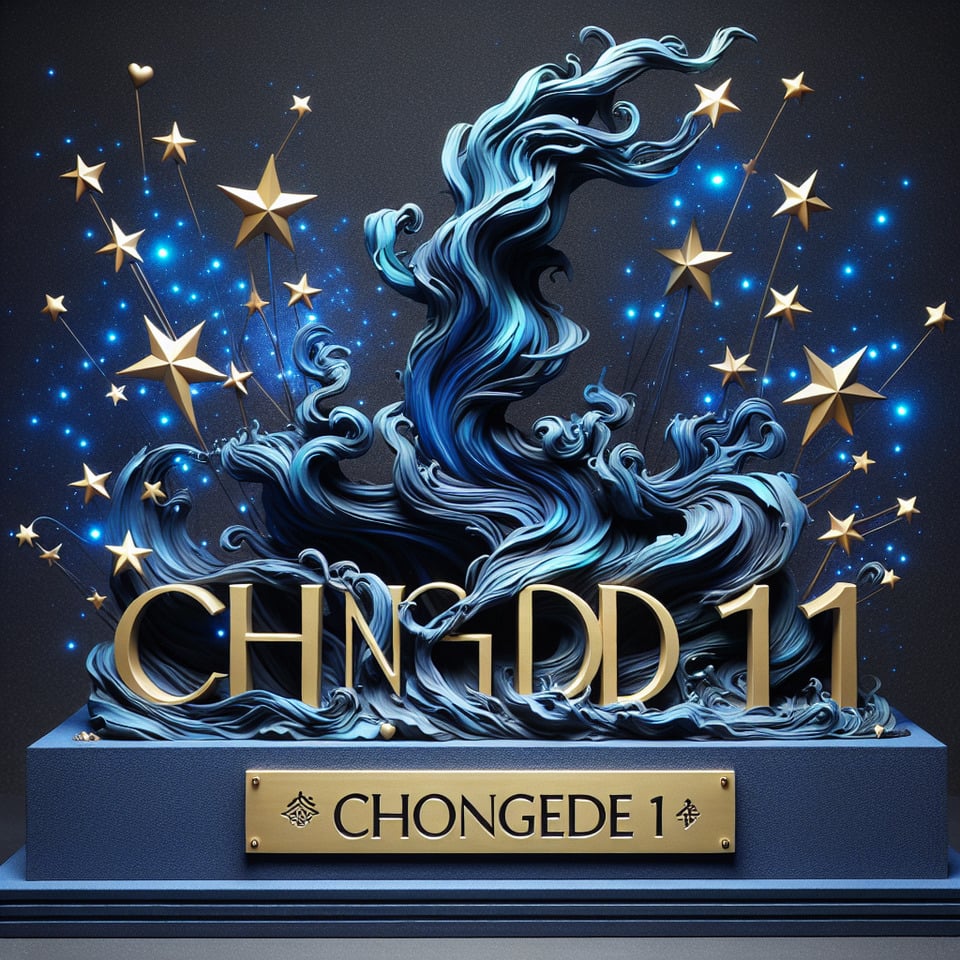 The name Chongde 11 with smoke lightning stars IN DIFFERENT SHADES OF BLUE and purple metalic and a golden crown,small hearts text effect image