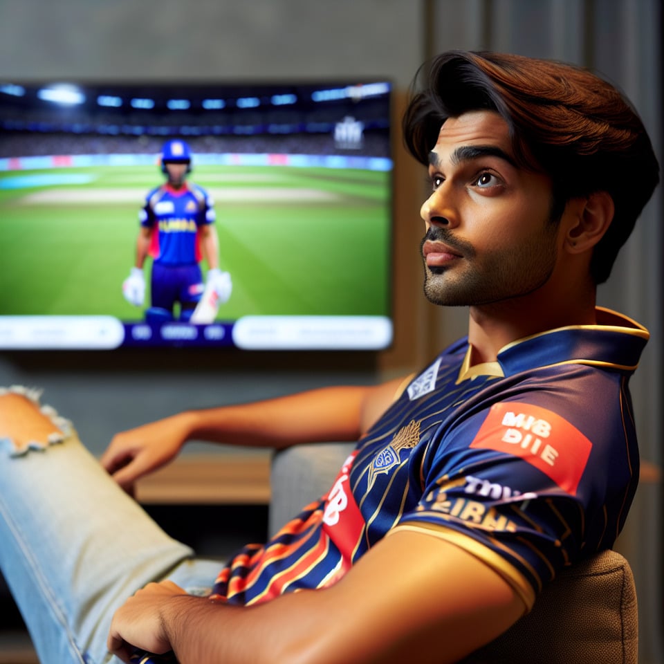A 25 years boy named Sukhesha watching IPL On TV wear A MI JerseyNumber is 10 text effect image