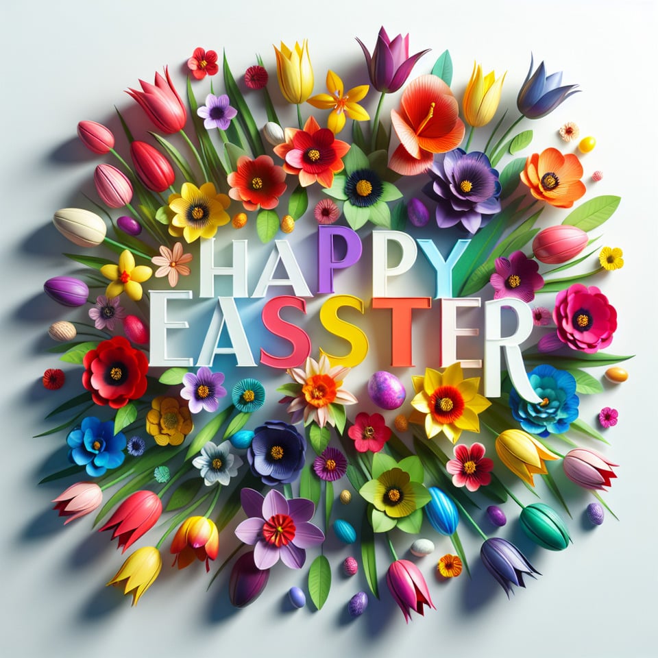Text Happy Easter colorful flowerswhite background text effect image
