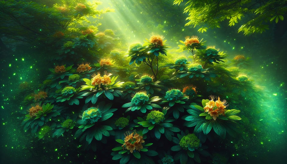 a green bush with flowers and leaves text effect image