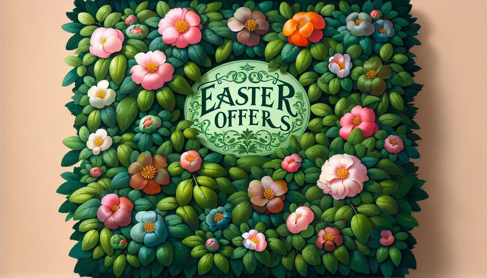 a green bush with flowers and leaves with text EASTER OFFERS text effect image