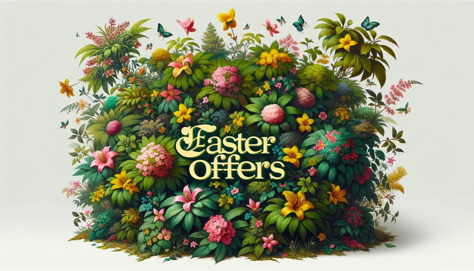 a green bush with flowers and leaves with text EASTER OFFERS text effect image