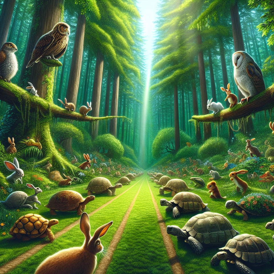 Detail the setting of the race scene for the rabbit and tortoise story text effect image