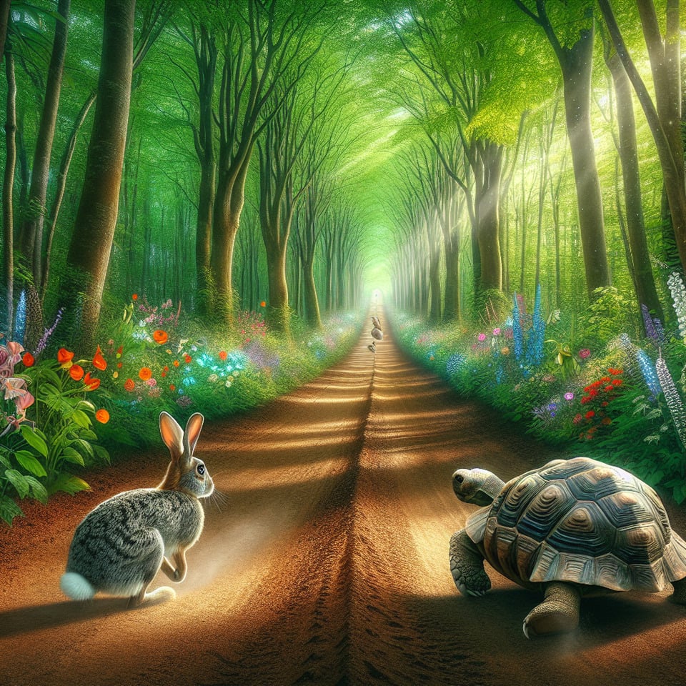Detail the setting of the race scene for the one rabbit and one tortoise story text effect image