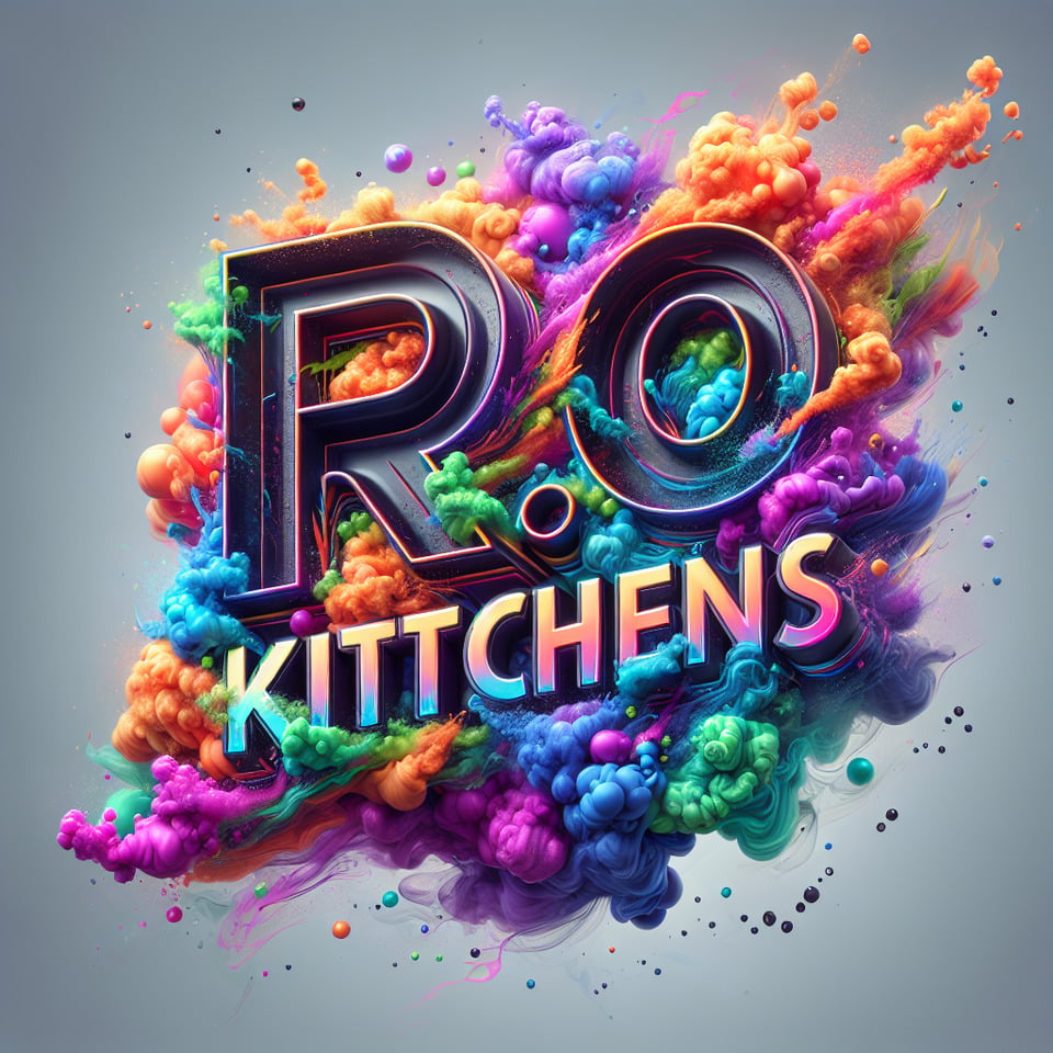 Text P.R.O Kitchens colorful splash 3d text and smoky transparent backgroundRealistic detailed view. text effect image
