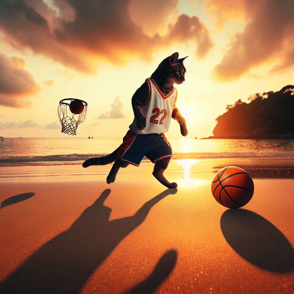 a cat playing basketball to wearing basketball dress at the sea beach in sunset text effect image
