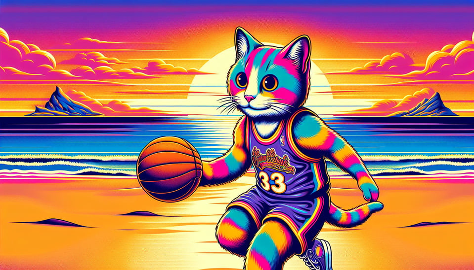a cat playing basketball to wearing basketball dress at the sea beach in sunsetcartoon styleillustrationtypographyposter text effect image
