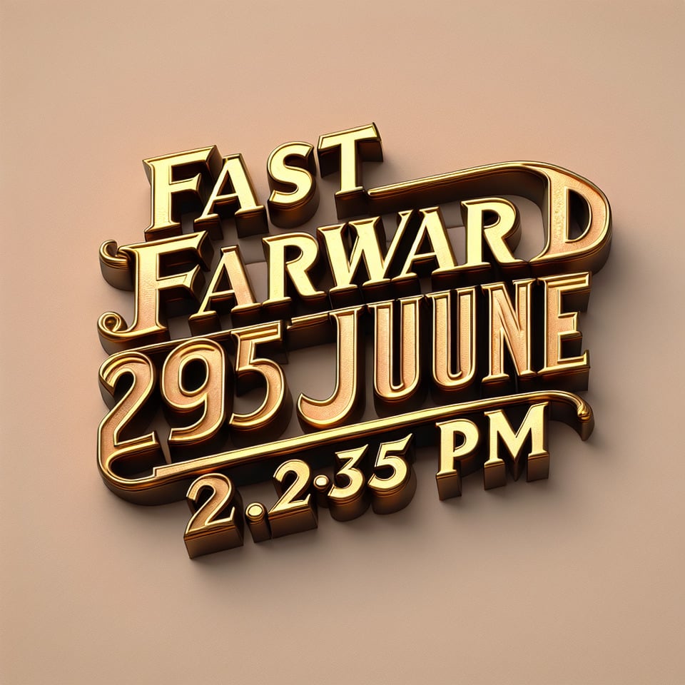 Text FAST FORWARD SATURDAY 1st JUNE 2024 2:35 PM 3d text with gold shine vintage texture and font without any background3d rendertypography text effect image