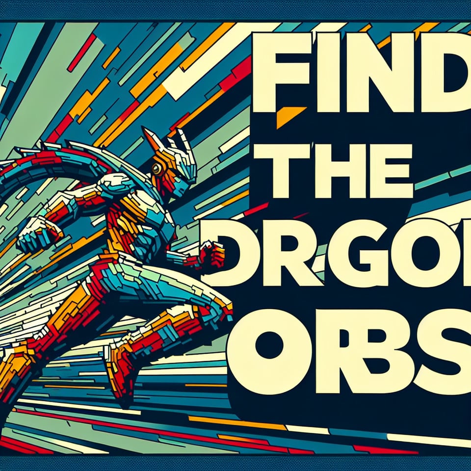text FIND THE DRAGON ORBS in colors Hex #89cff1 and Hex #094170 background color Hex #5c52dc in 2D perspective and spiderman style text effect image
