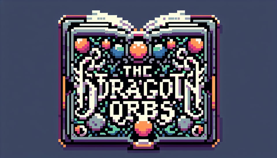 text FIND THE DRAGON ORBS in pixel art fonts with colors Hex #89cff1 and Hex #094170 background color Hex #5c52dc in 2D perspective and old tree book style text effect image