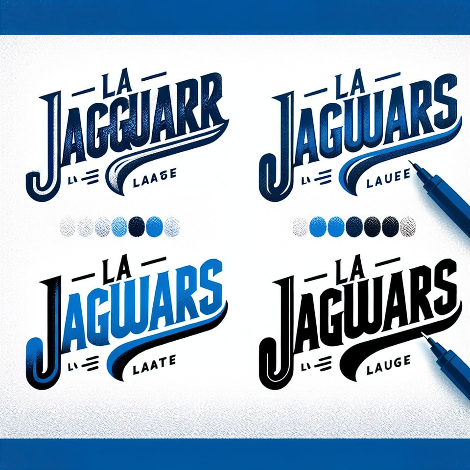 Make 4 sample text with LA Jaguars in blue and white color. Without shadow.typographyillustration text effect image