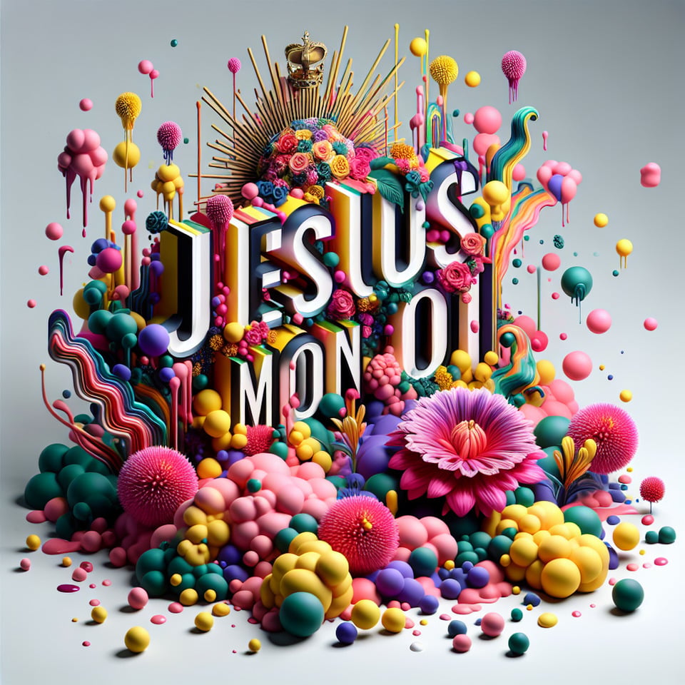 Name  JESUS MON ROI  written on the backgroundsmall colorful touches of 3D paint and with colorful flowers and pink text effect image