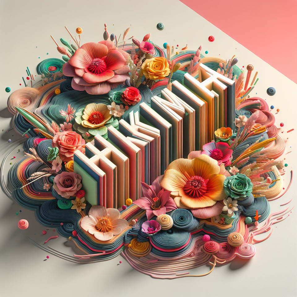 Name HAKIMA written on the backgroundsmall colorful touches of 3D paint and with colorful flowers and pink text effect image