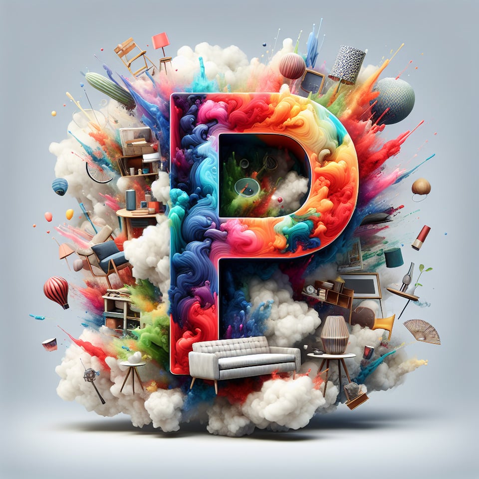 text P in a more colorful splash 3d effect with interior home decor animations in a white smoky background text effect image
