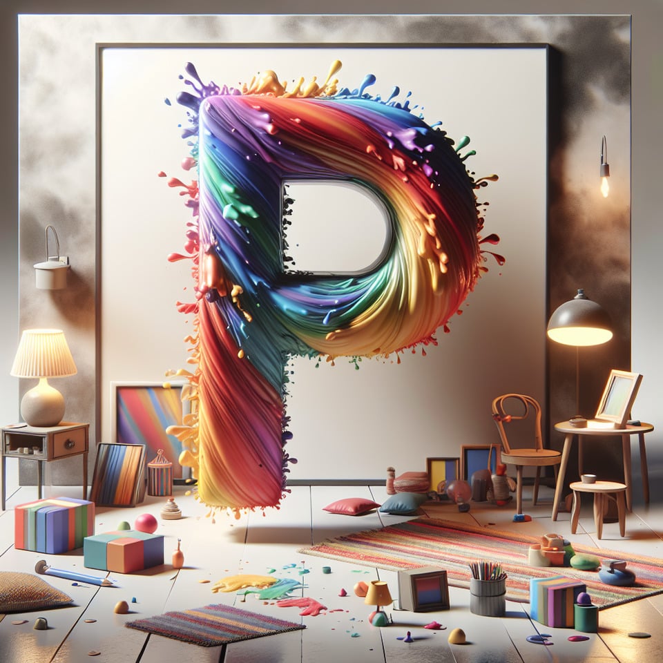 Text P colorful splash 3d text effect with interior home decor animations and smoky white background text effect image