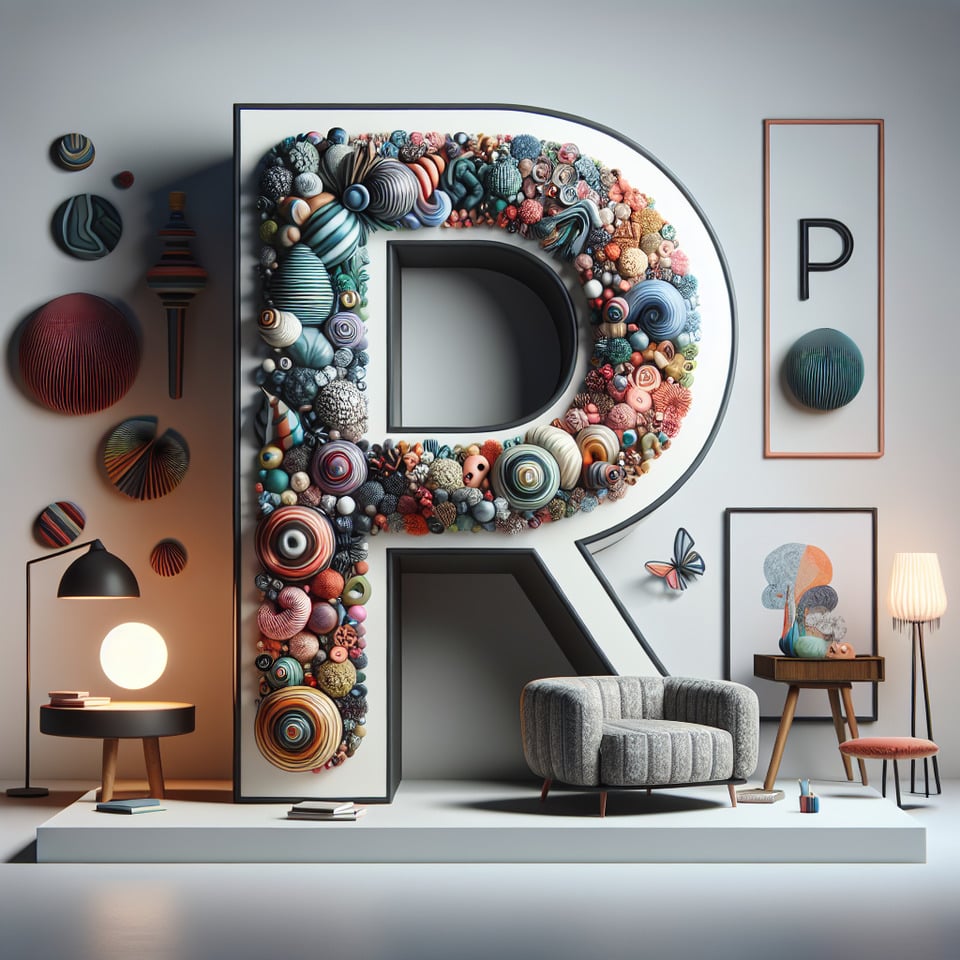 Text P in a colorful 3d text effect with modern home interior decor animations in a smoky white background text effect image