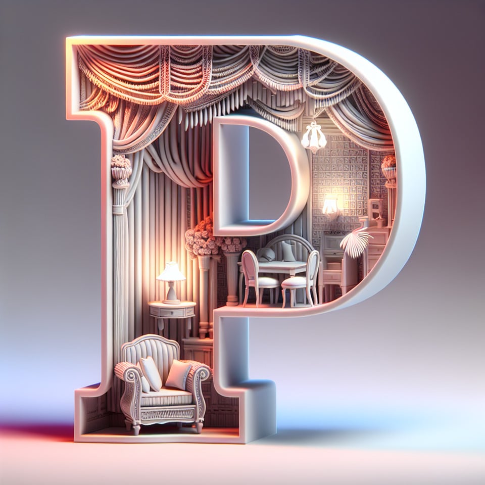 Text P in a colorful 3d effect with interior home decor animations in a smoky white background text effect image