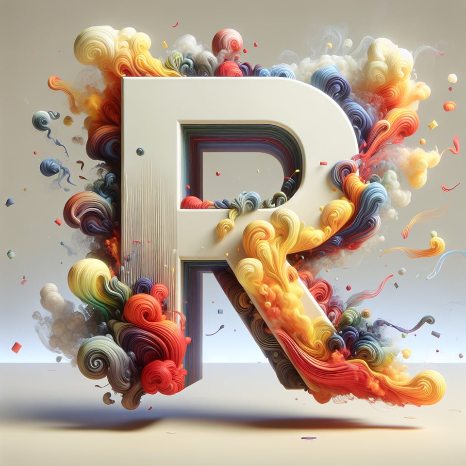 Text R in a colorful 3d text effect with modern home interior decor animations in a smoky white background text effect image