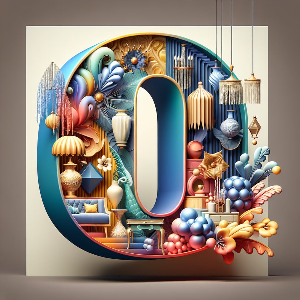 Text O in a  colorful 3d effect with interior home decor animations in a smoky white background  text effect image