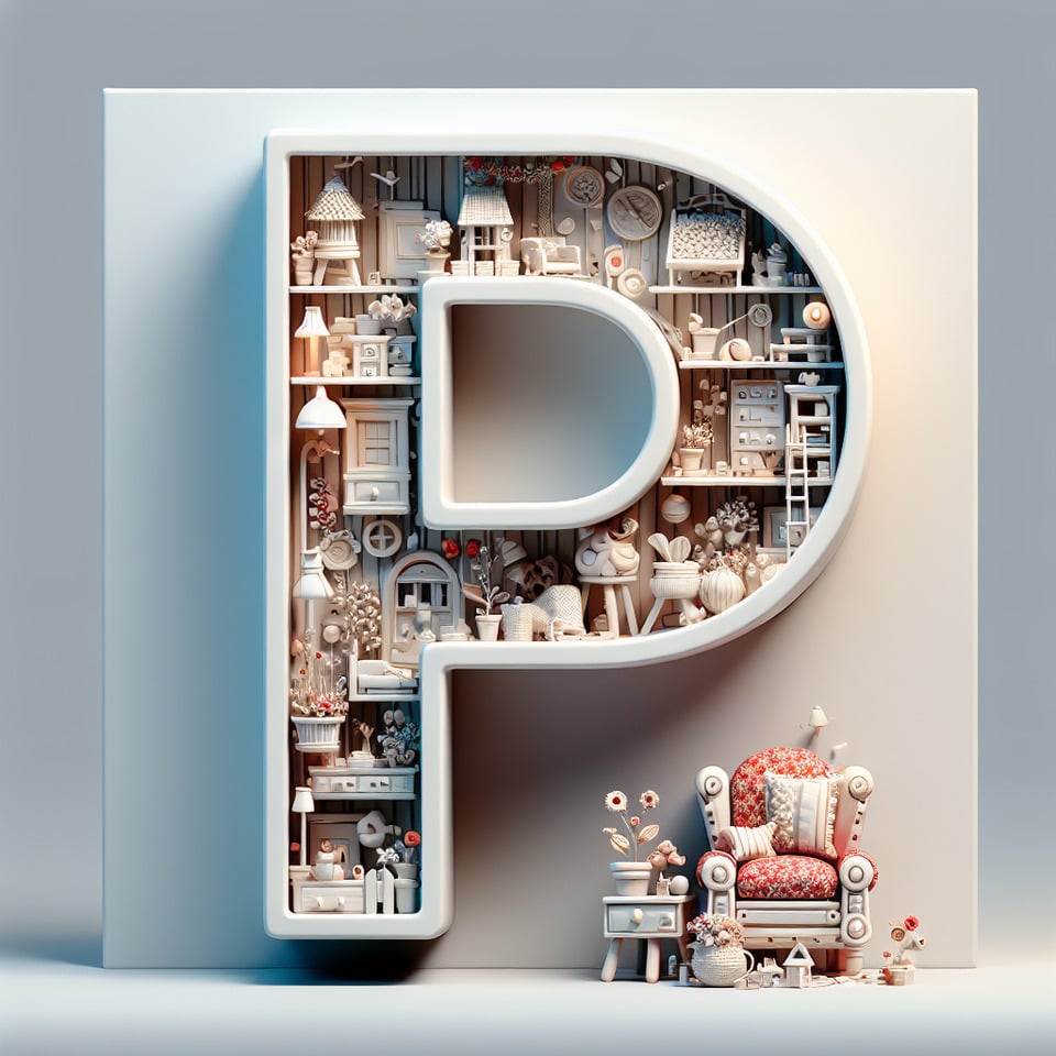 Text P in a colorful 3d effect with interior home decor animations in a smoky white background text effect image