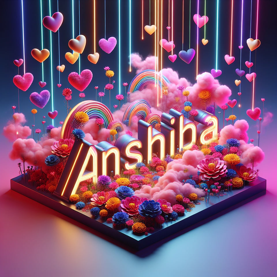 Name Anshiba written on the backgroundsmall colorful touches of 3D paint and with colorful flowers and pink and purple smoke included. Everything in front with hearts in neon3D rendering3k3d render text effect image