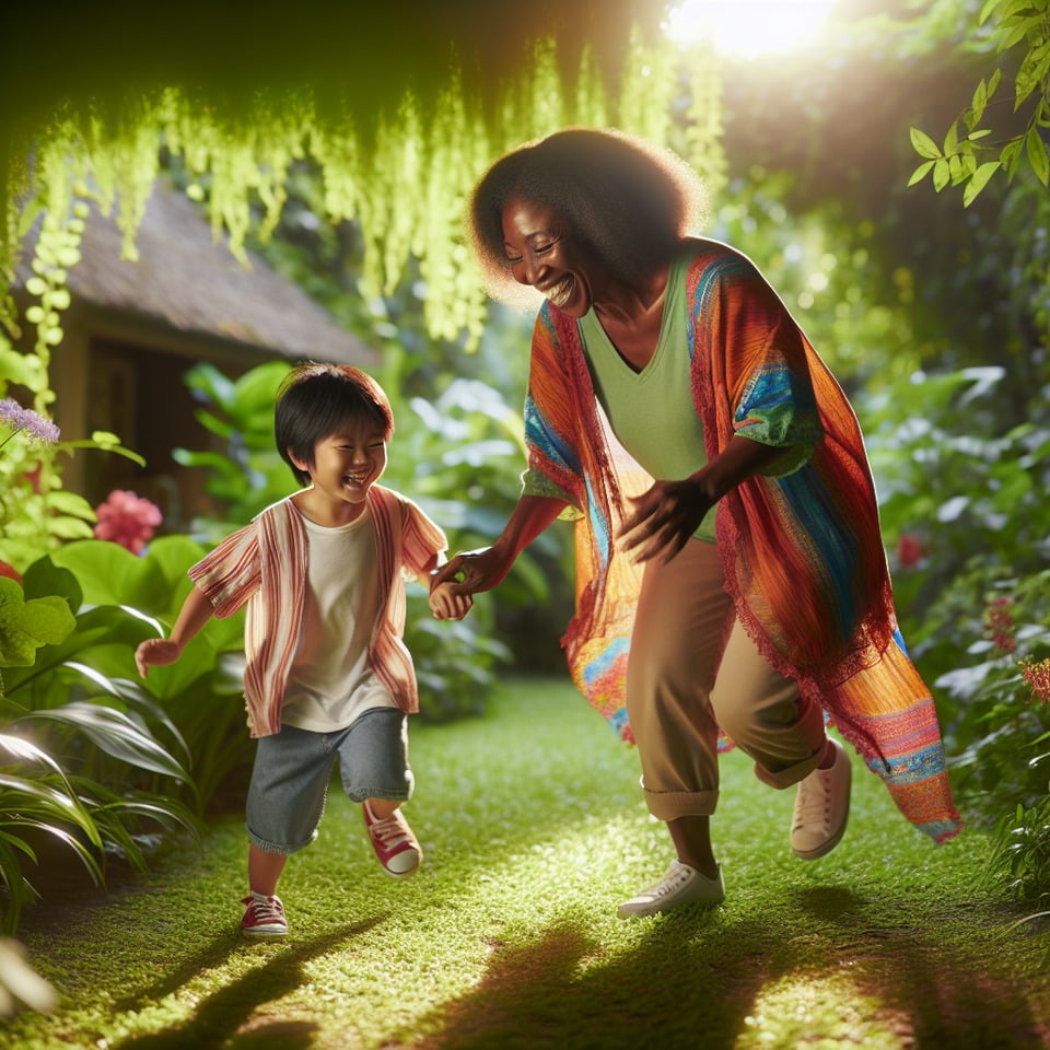 one lady playing with small kid in garden text effect image