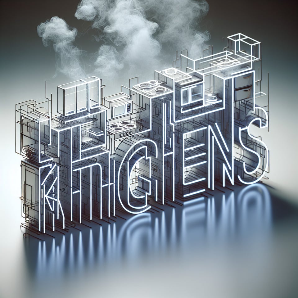 Text Kitchens in 3d cyberpunk styleneon effectfluid within textembedded with modular kitchen elements in a smoky white background text effect image