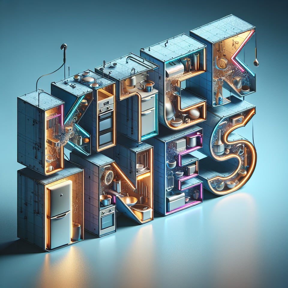 Kitchens cyberpunk stylethree dimensionalNeon effectfluid within textembedded with interior modular kitchen elements light background  text effect image