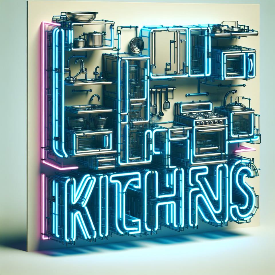 Kitchens cyberpunk stylethree dimensionalNeon effectfluid within textembedded with home interior modular kitchen elementslight background text effect image