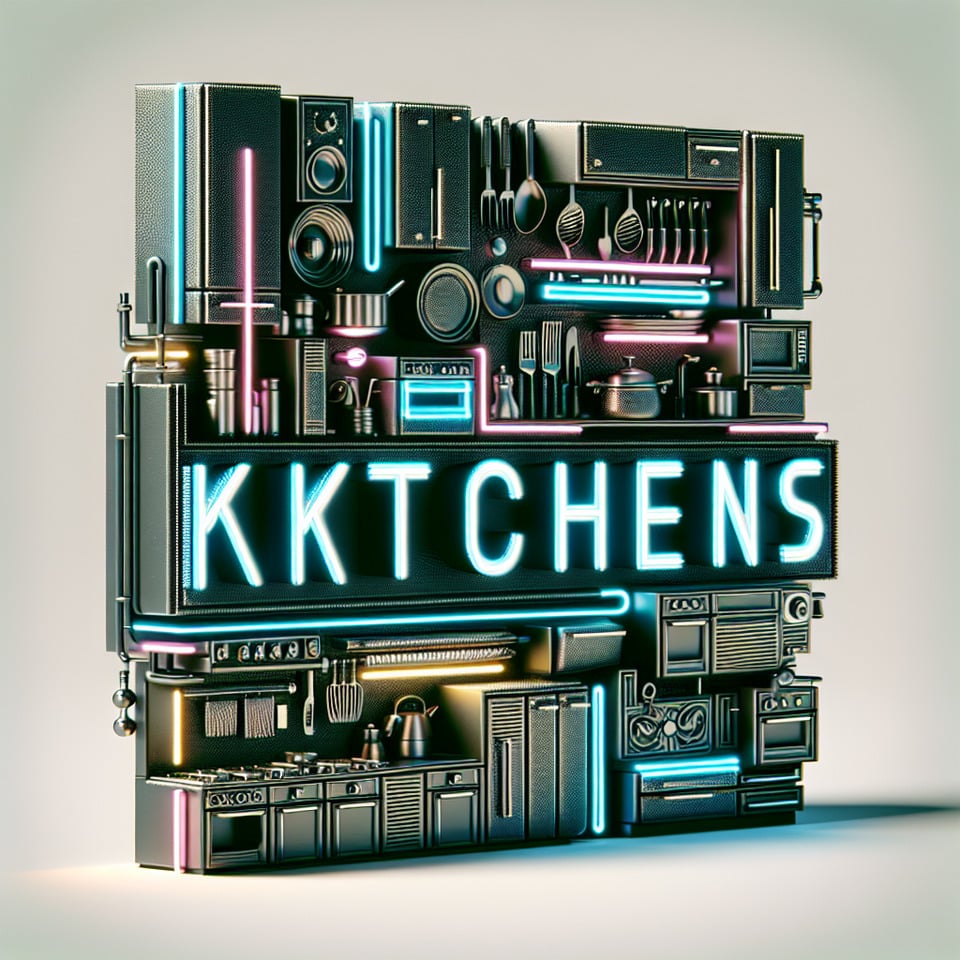 Kitchens in 3d text effectcyberpunk style with interior home decor elements embedded with modular kitchen animation in a smoky white background text effect image