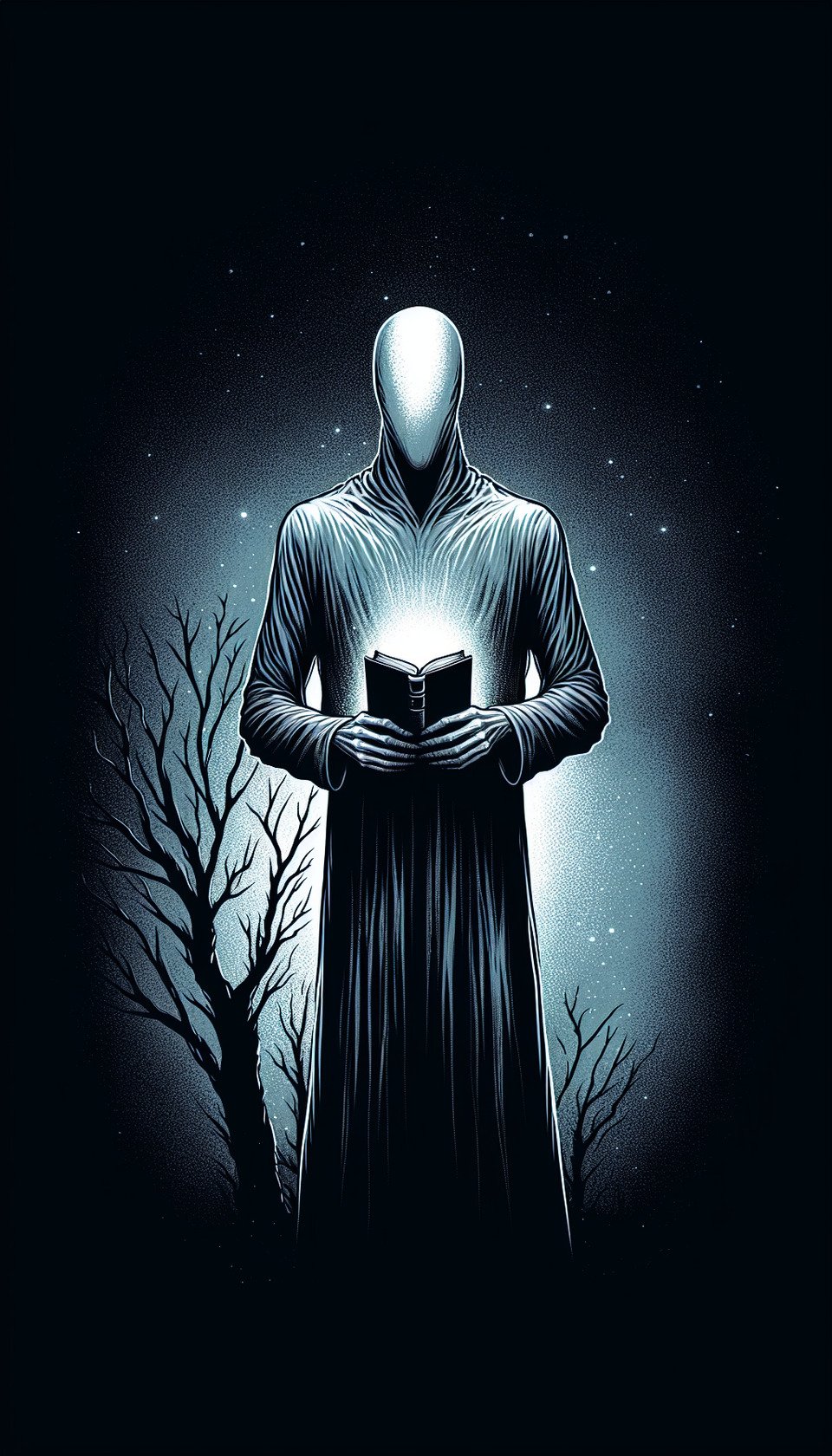 nighttall figureelongated limbsno face but lightholding a bible like bookstanding in front of a tree7 feet tall text effect image