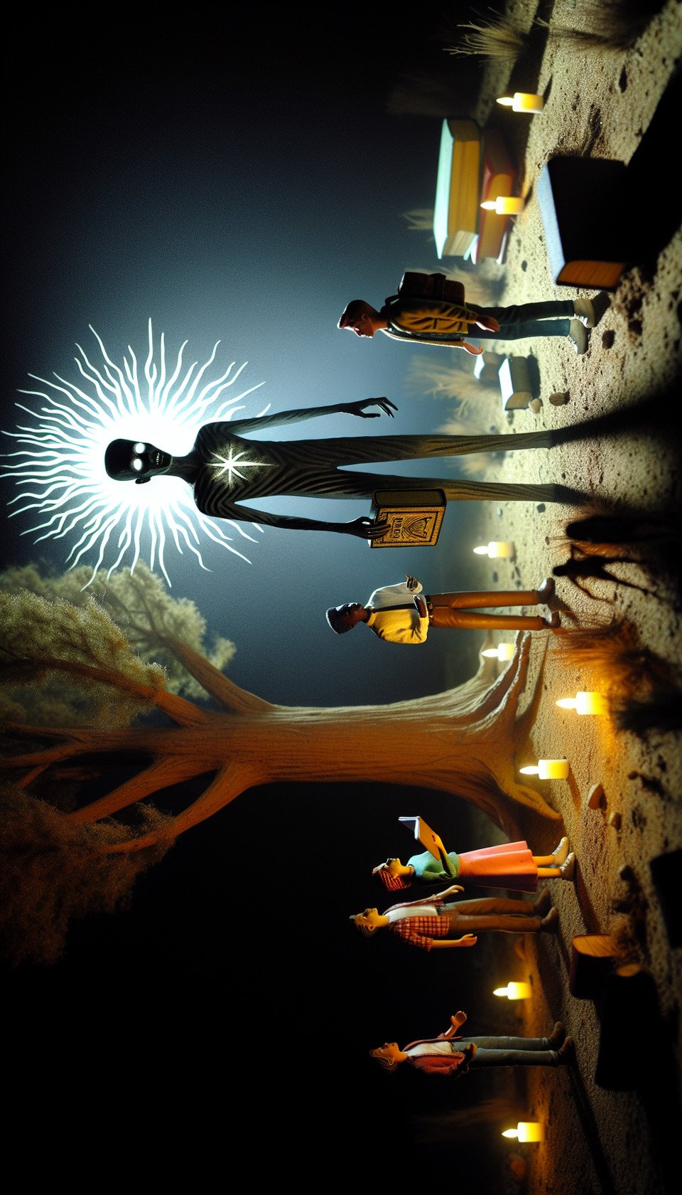 nighttall figureelongated limbsno face but lightholding a bible like bookstanding in front of a tree7 feet tallthree teenagers looking shocked by the figureunidentified tall figuresome candles here and there text effect image
