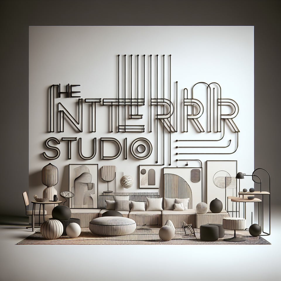 Text The Interior Studio in a linear 3d text effect with modern home interior elements in a smoky white background text effect image