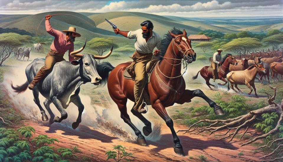 man riding a horseknocking an ox down the tailbeing helped by another man riding another horsein the middle of the backlands of ParaíbaBrazilillustration text effect image