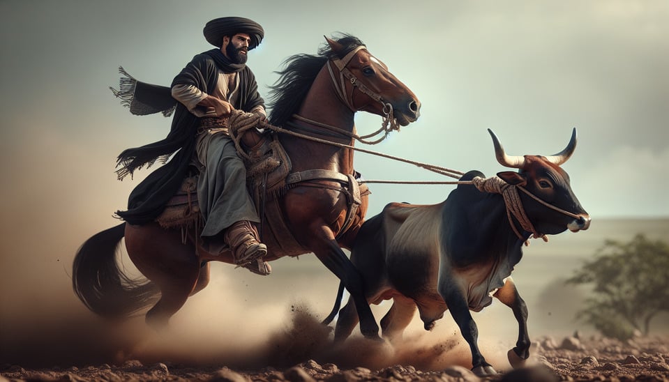 man with a leather hatriding a horseknocking down an oxpulling through the tailbeing helped by another man riding another horsein the middle of the backlands of Paraíba in Brazilillustration3d render text effect image
