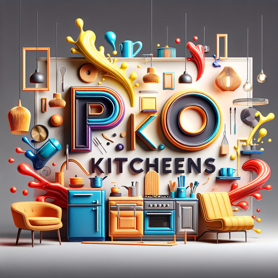 Text P.R.O Kitchens in a 3d effectcolor splashembedded with interior home decor animations in a smoky white background text effect image