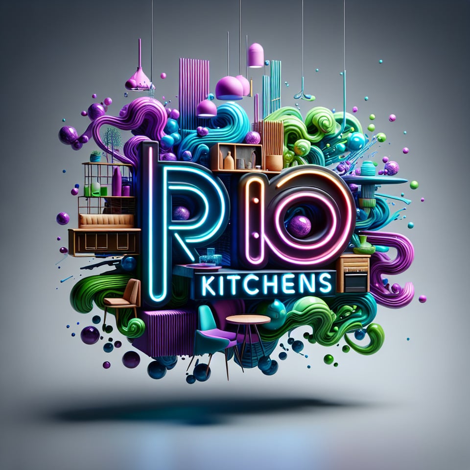 Text P.R.O Kitchens in a stunning 3d effectneon color splashembedded with interior home decor animations in a smoky white background text effect image