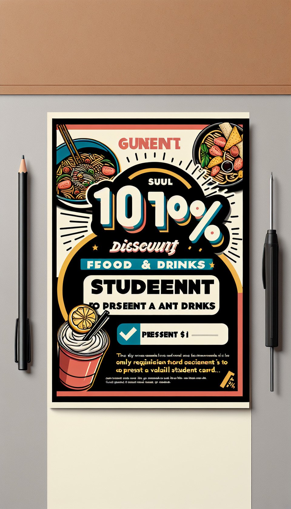 create A4 size poster students gets 10% discount on food and drinksjust present a valid students card text effect image