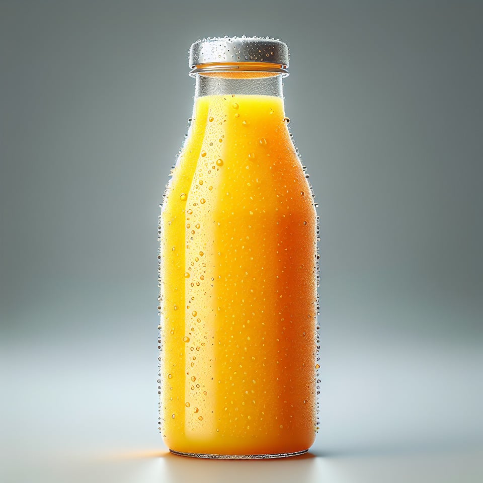 orange juice bottle with drops of water3d render text effect image